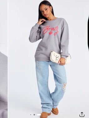 Charcoal Crew Fleece Sweatshirt with Rhinestones